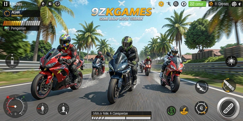 Gameplay mendebarkan dalam 9ZKGAMES saat balapan motor.