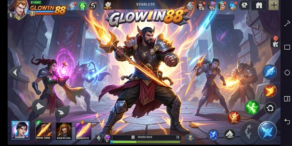 Screenshot GLOWIN88 menampilkan aksi pertarungan seru dan karakter beragam.