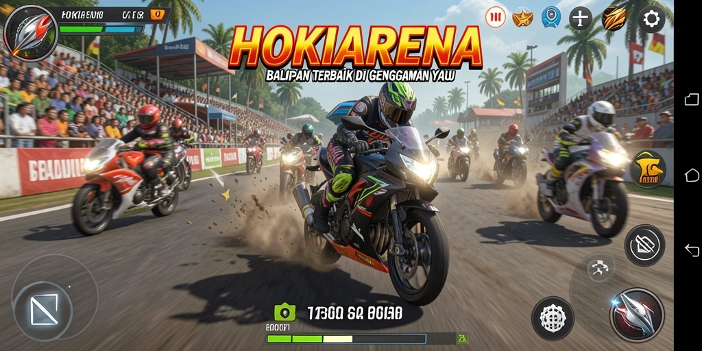 Gameplay HOKIARENA menampilkan balapan motor yang seru dan kompetitif.