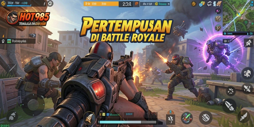 Screenshot HOT985 menampilkan pertempuran intens dalam game Battle Royale.