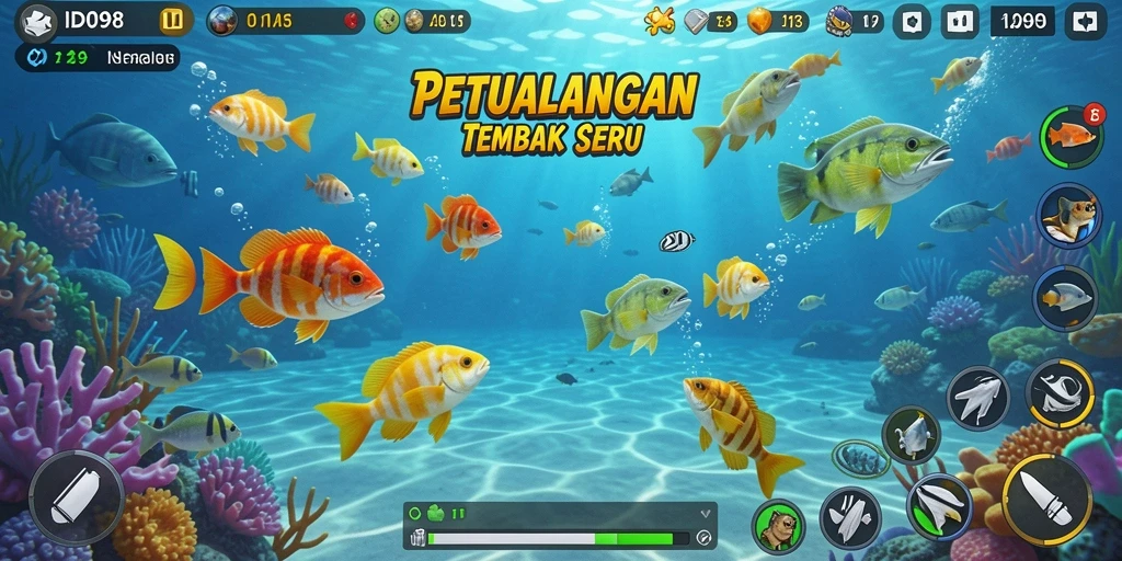 Tangkapan layar gameplay yang menampilkan aksi tembak ikan yang seru.