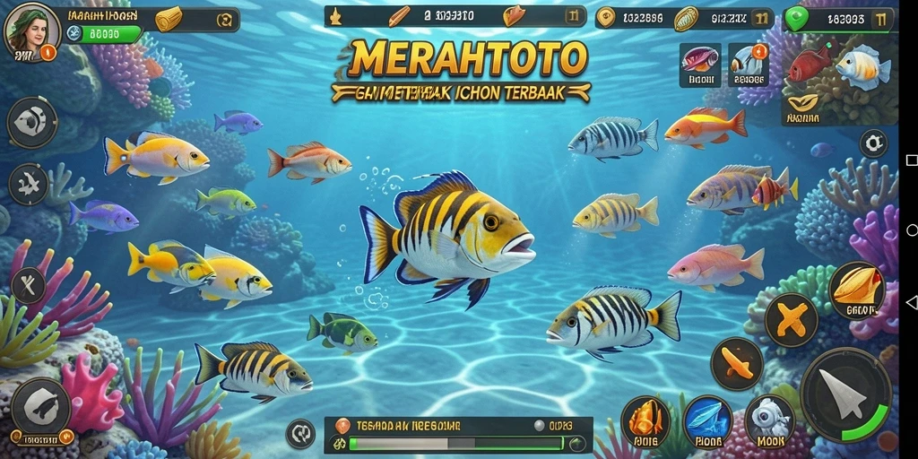 Tangkapan layar gameplay MERAHTOTO yang menampilkan aksi menembak ikan yang seru.