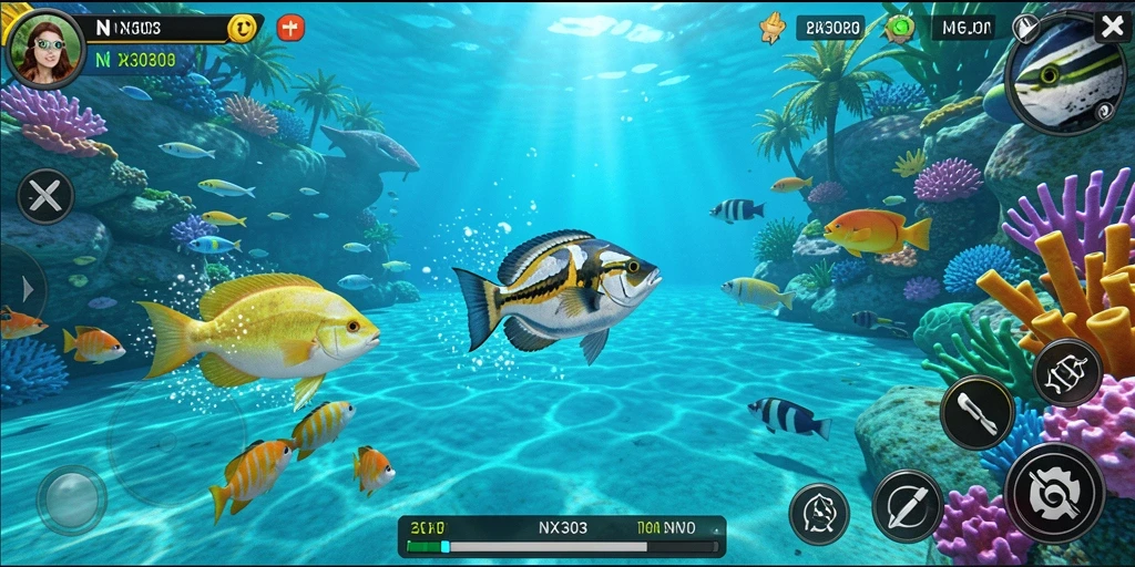 Screenshot gameplay NX303 menampilkan aksi menembak ikan yang seru.